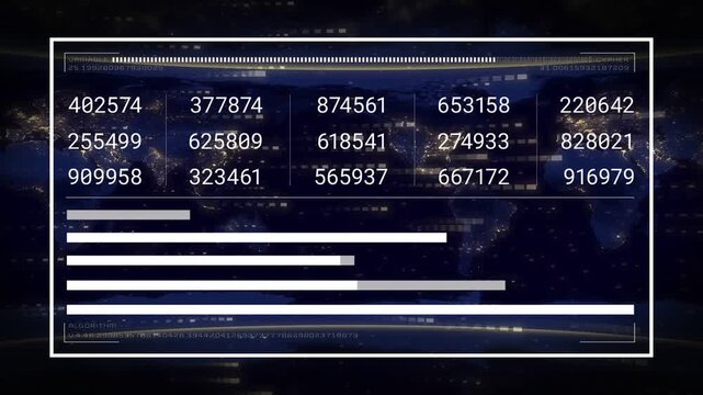 Centered data HUD updating after scanner pulse, numeric grids shifting and bars aggregating metrics