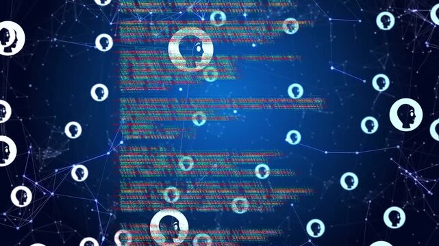Glitch scanline appearing, central code column scrolling, avatars pulsing and floating for analysis