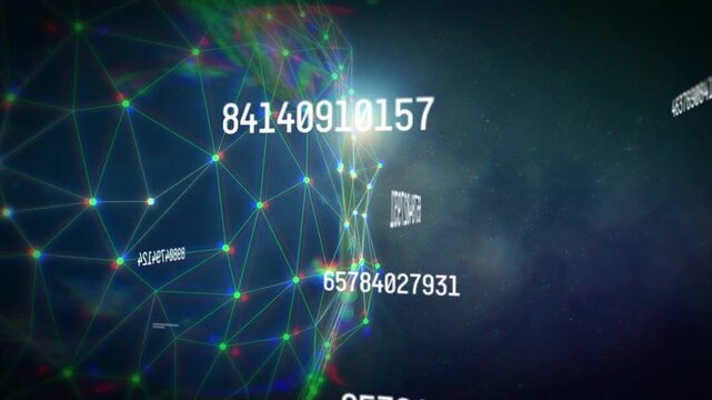 Camera starting orbit near digital globe, causing pulsing nodes and moving numbers showing data
