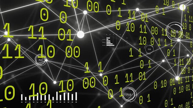 On scene load binary digits node mesh drifting pulsing linking showing HUD rings showing data flow