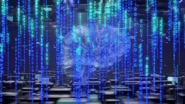 Code streams descending, holographic brain appearing, pulsing rotating and visualizing neural data