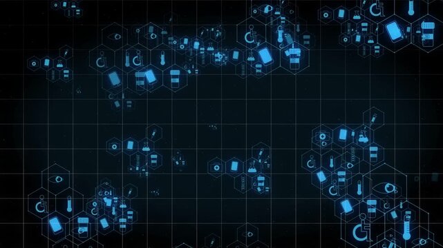 Glowing blue hex clusters starting with start pulse, drifting, merging, visualizing medical icons