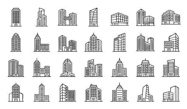Office building icon set featuring modern skyscrapers city skylines commercial real estate corporate headquarters urban architecture and business district construction symbols