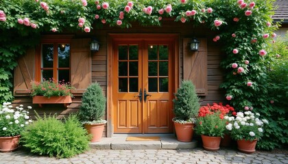 Obraz premium Wooden cottage entrance with pink roses over doorway and vibrant potted flowers. Double wood doors with glass panes and shutters flank windows. Stone path leads to inviting home exterior.
