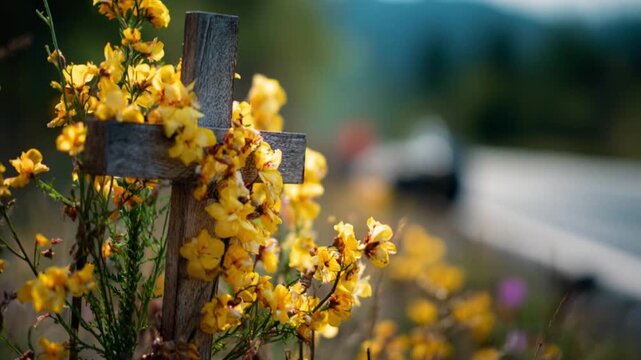 Memorial cross with yellow flowers swaying slightly in the breeze by roadside