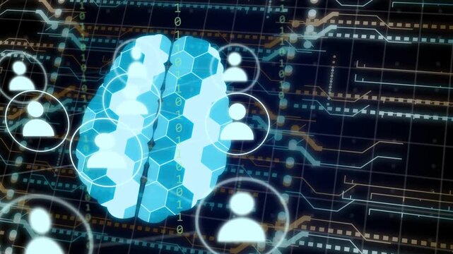 First users appearing left sparking central brain pulsing and icons orbiting showing network growth