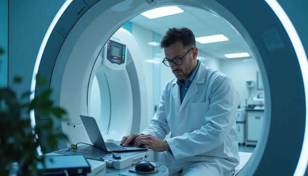 Technician in lab coat uses laptop near MRI scanner. Man checks medical equipment, works on advanced diagnostic machine. Healthcare tech repairs diagnostic system in hospital.