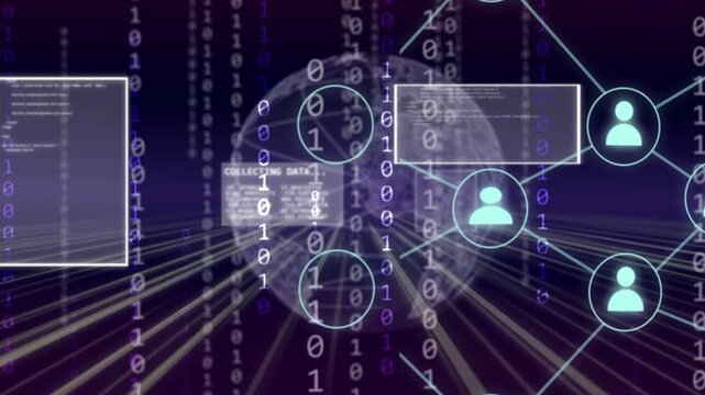Binary streams starting 3D globe forming avatar network as HUD panels collecting and analysing data