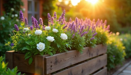 Obraz premium Wooden planter box holds blooming lavender and white roses. Garden scene at sunset with warm sunlight. Rich greenery and flowers create vibrant, natural beauty.