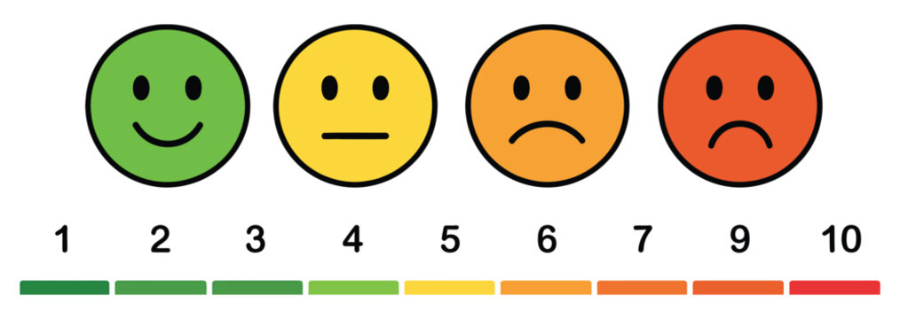 Pain scale chart vector illustration with emotion faces and level indicators for medical assessment and healthcare evaluation design.