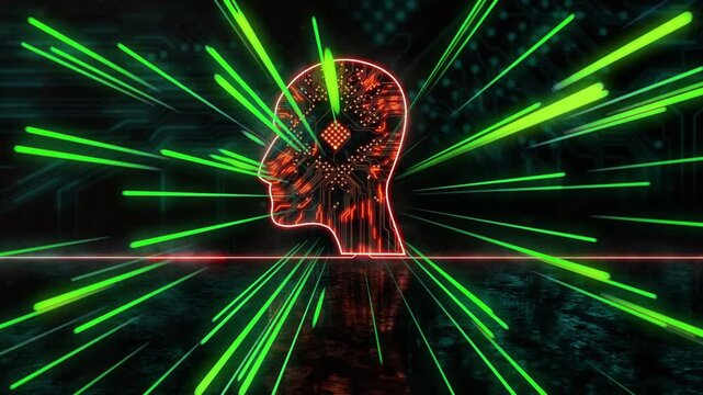 Neon head outline pulsing core chip, emitting green and blue beams, showing circuit energy flow