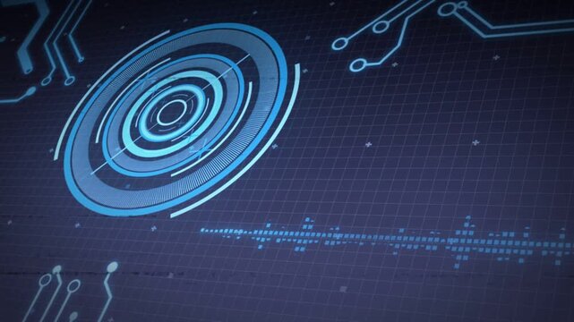 Glitch bands sweeping, ring HUD rotating and lighting, waveform pulsing, revealing dashboard demo