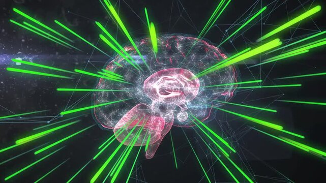 Hologram brain pulsing rotating after blue laser sweep, beams stretching, network showing data flow