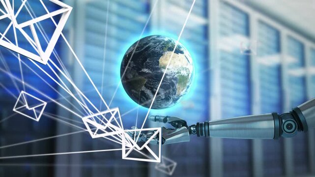 Envelope stream starting robotic arm reaching globe, steadying then closing hand while routing mail