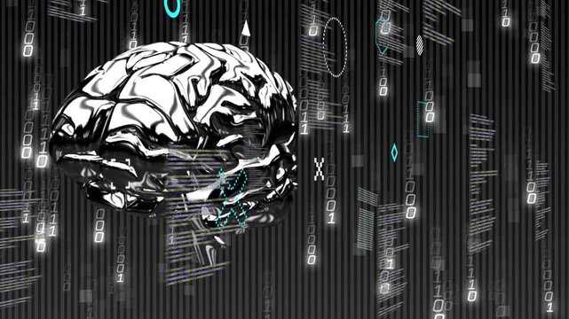 Starting tilt, chrome brain rotating, binary code streaming and cyan icons pulsing, showing data