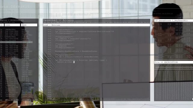 Female turning while code overlays fading in, male entering, peers reviewing chart and code data