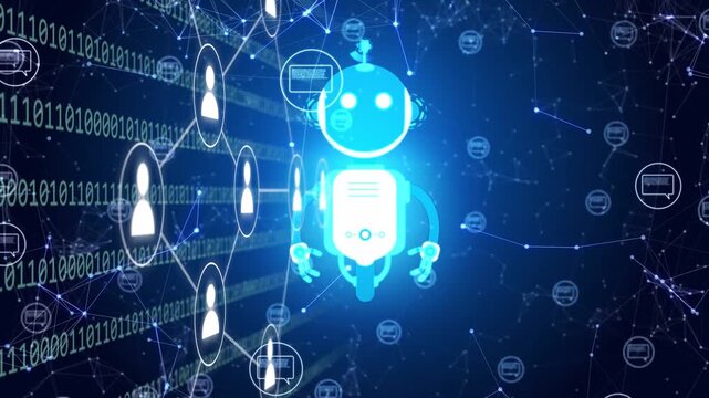 Binary stream sparking blue robot avatar pulsing, linking left users and showing active network
