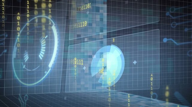 Holo activating, pie widget rotating, opening core, pixels forming, binary raining, showing data