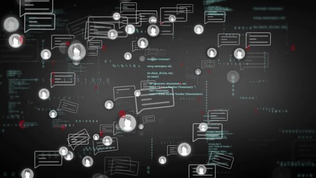 Avatar icons, chat bubbles being animated by new bursts, clustering, drifting, showing network flow