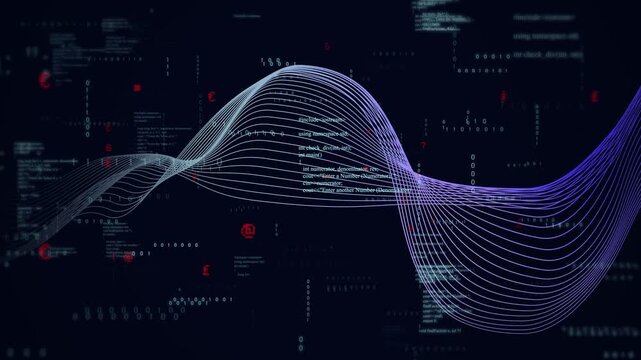 Scene opening with multiline ribbon arching left over code undulating expanding showing data flow