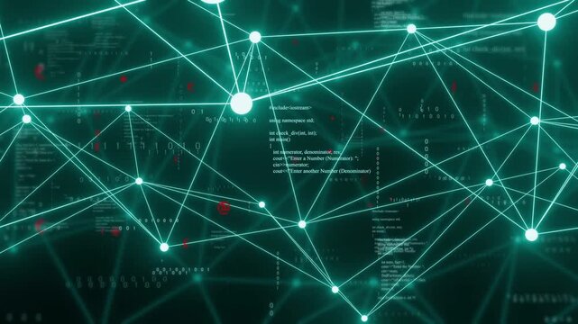 Camera panning and zooming, cyan node network shifting, pulsing and clustering to visualize links
