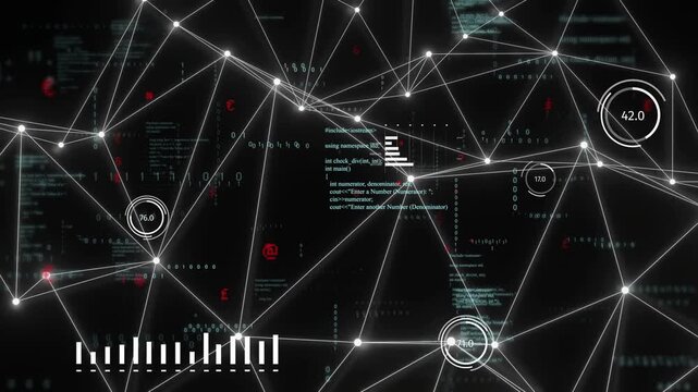 3D network mesh receiving telemetry and updating nodes, HUD gauges appearing, visualizing analytics