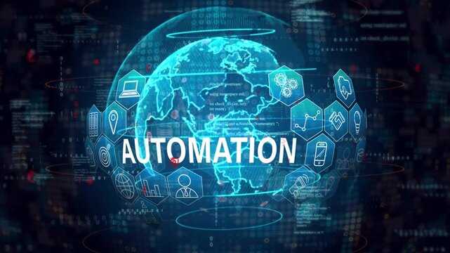 As AUTOMATION sliding in cyan globe emerging rotating hex icons spawning showing global automation