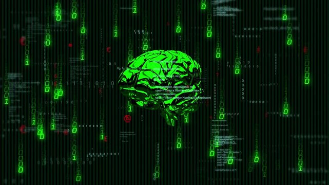 On start brain rotating while green binary streams falling and code sliding, showing AI data flow