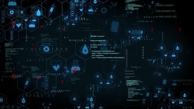 Data feed arriving, biotech UI populating hexgrid, pulsing icons, scrolling code, revealing data
