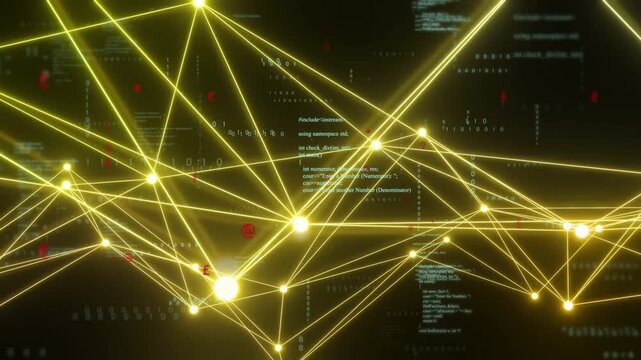 Camera panning, zooming causing yellow node mesh pulsing, hubs growing, visualizing data flow
