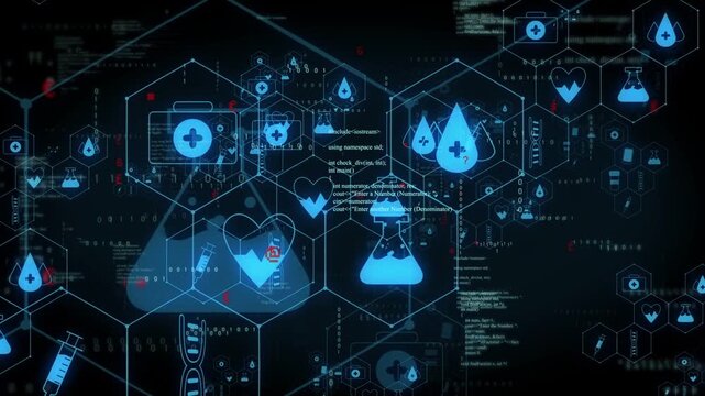 On startup cluster blue medical icons shifting, pulsing within hex grid, showing live data updates