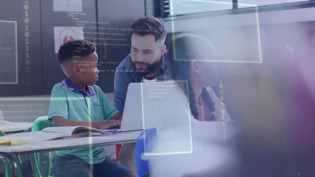 Teacher leaning and pointing, initiating tutoring while student typing on laptop with code overlays