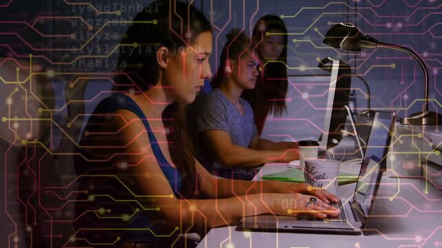 Woman in blue top typing on laptop, causing animated circuit overlaying screens, showing tech flow