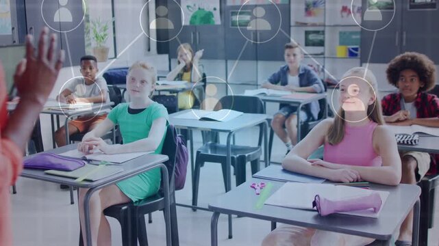 Teacher gesturing animating user icons connecting lines aligning above front students for education