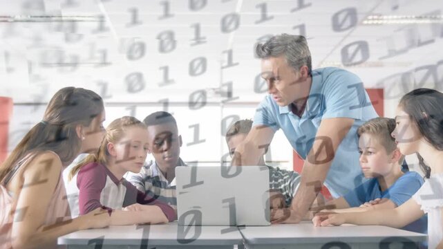 Teacher leaning over laptop with students gathering, pointing and causing binary overlay for coding