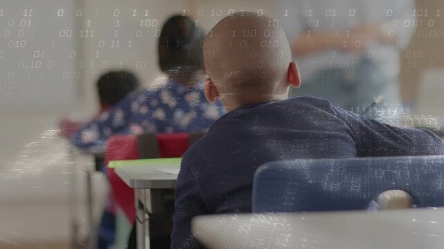 Boy in class woman cueing shifting reaching for pencil writing turning smiling binary overlay frame