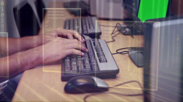 On-screen overlay appearing, hands typing and shifting, showing continuous data entry for coding