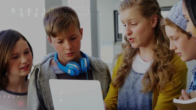 Lead tutor shifting laptop, explaining while peers pointing, noting; overlays supporting learning