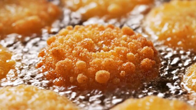 Deep Frying Golden Crispy Fritters In Hot Oil.