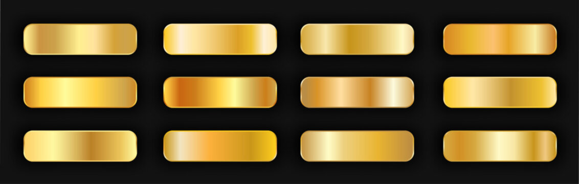Realistic gold gradient texture pack 12 in 1. Fill and stroke effects. Shiny golden metal foil gradient set. Golden buttons with shadows. Vector illustration