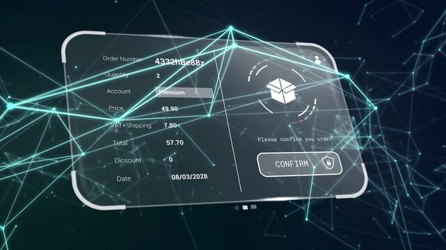 Holographic panel rotating after network sweep, highlighting price and total to prompt confirmation