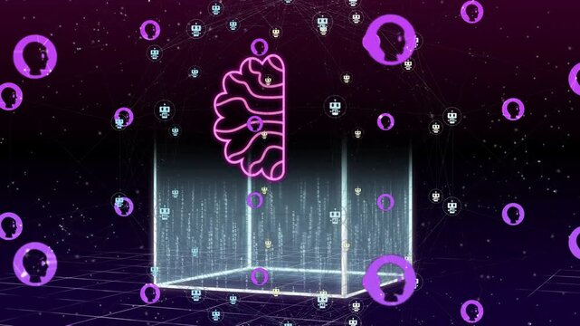 Vertical neon stroke appearing, forming pink left and cyan circuit brain over cuboid showing AI net