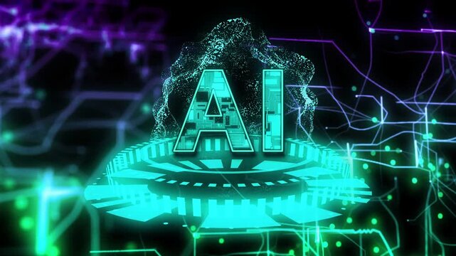 Cyan AI emblem fading and scaling up, holo ring rotating, particles forming to showcase tech brand