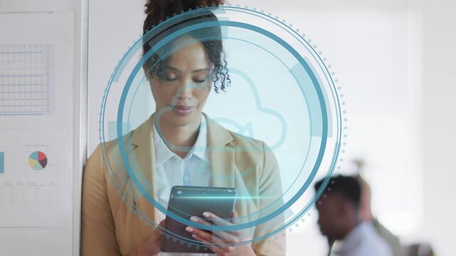 Pro woman holding tablet in office, tapping and verifying cybersecurity cloud via scanning beam