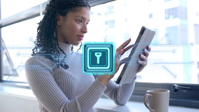 Woman tapping tablet screen initiating lit key icon, circuit lines enabling security access smiling