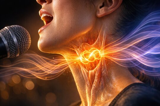 A woman sings into a microphone with glowing neck, likely in a performance or concert setting