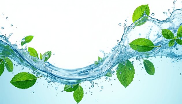 Water splash with fresh green mint leaves, fluid wave flow, liquid droplets, abstract background for natural refreshment and health drinks. Healthy concept.