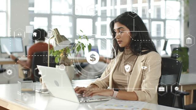 Woman typing on laptop, analyzing charts, causing financial HUD overlays with centering dollar icon