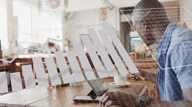 Man tapping tablet at wooden table in cafe, animated data overlays growing, reviewing analytics