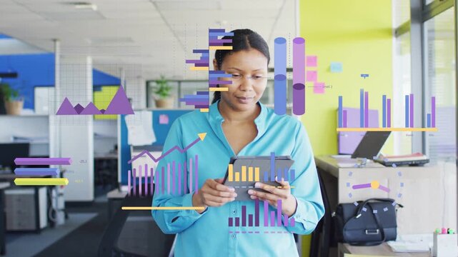 Woman tapping tablet, causing business charts layering over office, updating bars and lines for BI